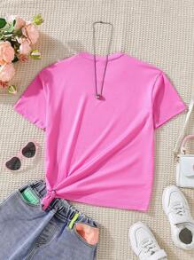 SHEIN 女孩卡通臉和標語圖案T恤 - 粉色 - 查看 2