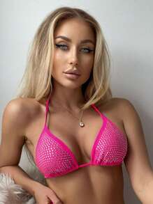Rhinestone Studded Halter Triangle Bikini Top, For Summer Beach Vacation - Hot Pink - View 1