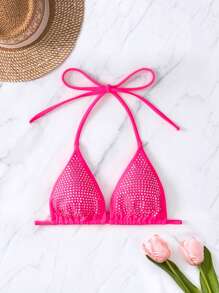 Rhinestone Studded Halter Triangle Bikini Top, For Summer Beach Vacation - Hot Pink - View 4