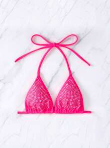 Rhinestone Studded Halter Triangle Bikini Top, For Summer Beach Vacation - Hot Pink - View 5