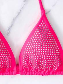 Rhinestone Studded Halter Triangle Bikini Top, For Summer Beach Vacation - Hot Pink - View 7