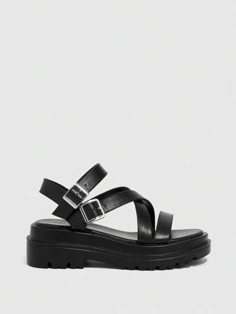 HighSole 女士搭扣裝飾坡跟優雅戶外踝帶平底涼鞋