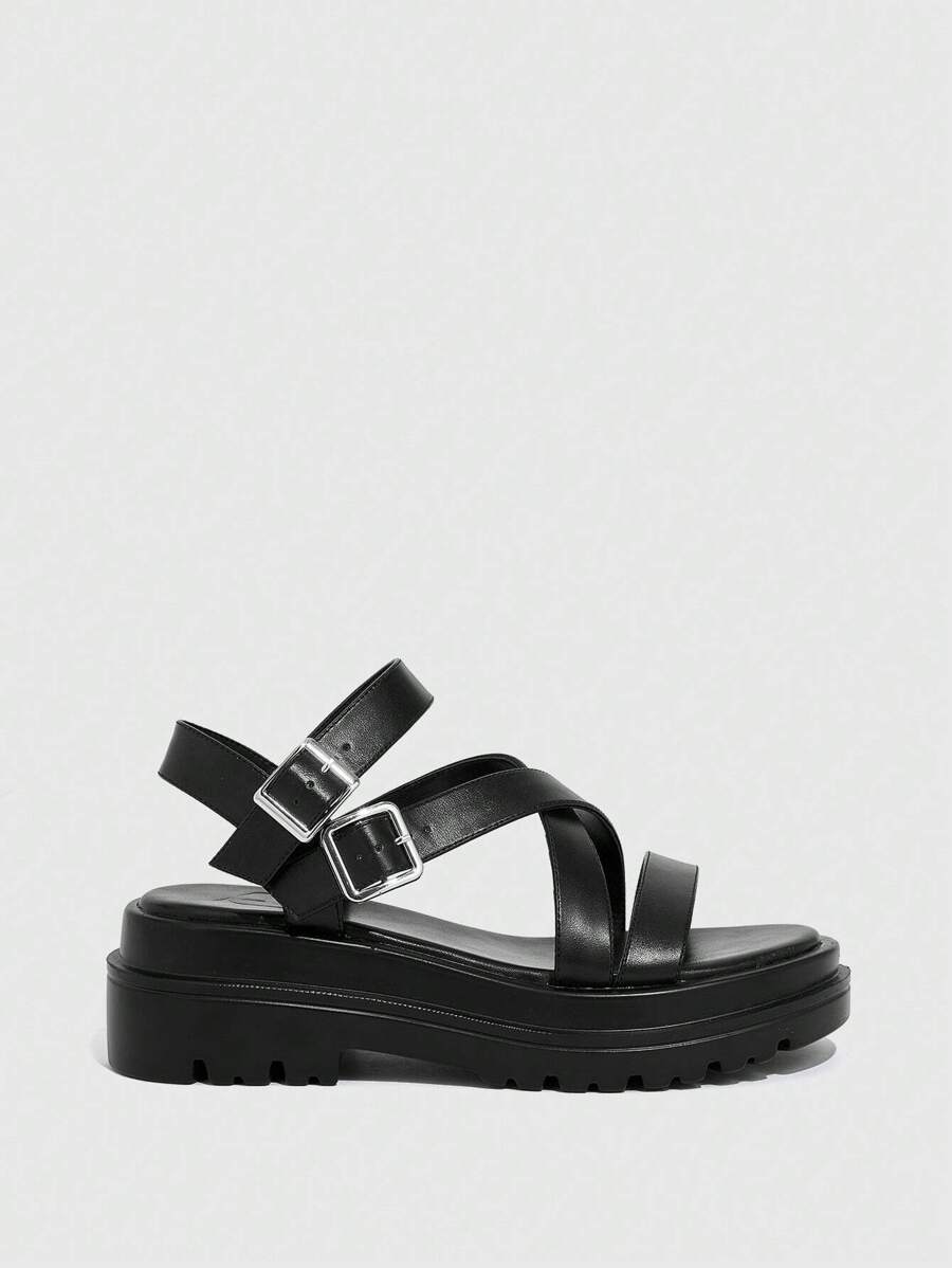 HighSole 女士搭扣裝飾坡跟優雅戶外踝帶平底涼鞋 - 黑色 - 查看 1