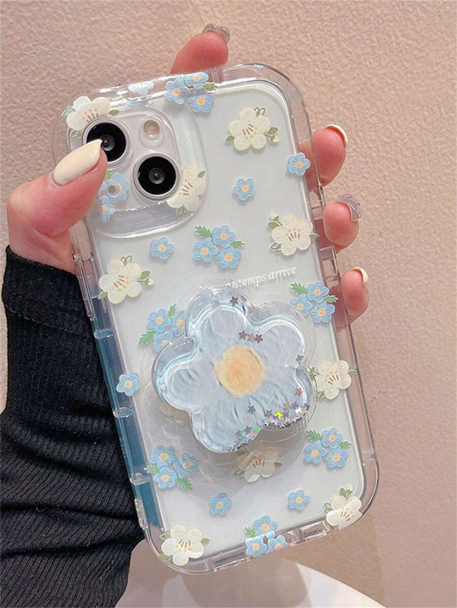 夏季花卉圖案透明手機殼,具有特色握把 - 無色 - 查看 1