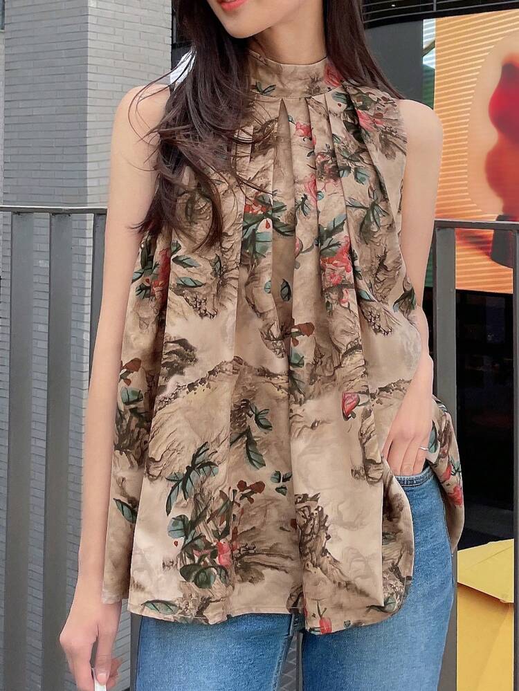 Floral Print Fold Pleated Detail Sleeveless Blouse Going Out Tops Easter
