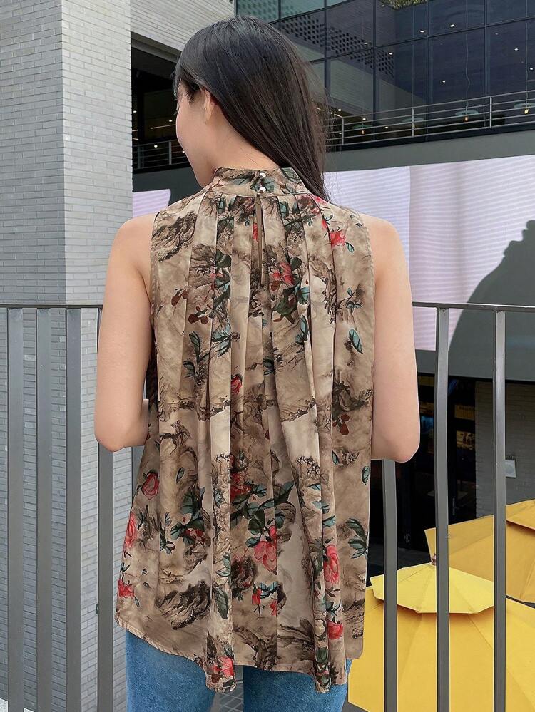 Floral Print Fold Pleated Detail Sleeveless Blouse Going Out Tops Easter