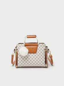 BELLEBORG 小方包雙把手幾何樣式絨球裝飾 - 米色 - 查看 1