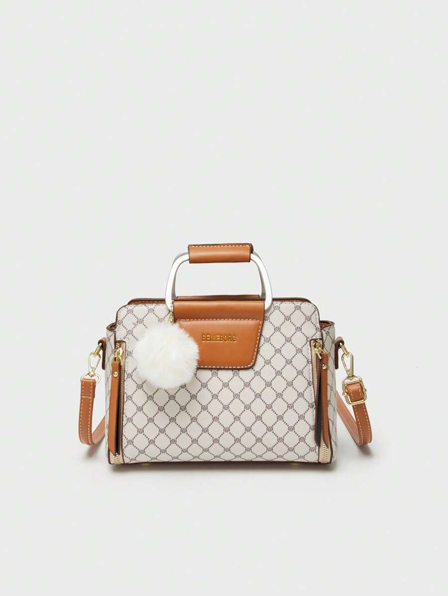 BELLEBORG 小方包雙把手幾何樣式絨球裝飾 - 米色 - 查看 1