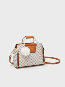 BELLEBORG 小方包雙把手幾何樣式絨球裝飾 - 米色 - 查看 4