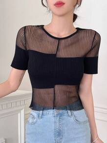 DAZY Solid Sheer Knit Top - Black - View 7