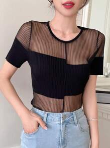 DAZY Solid Sheer Knit Top - Black - View 5