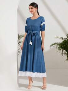 Mulvari 蕾絲拼接腰帶A字連衣裙 - 藍色 - 查看 3