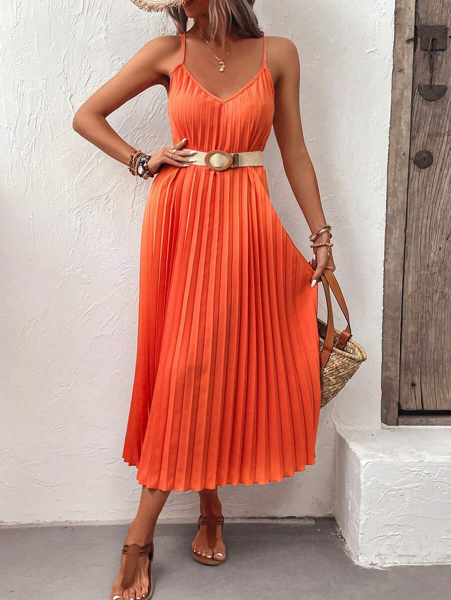 Breezaya Solid Pleated Hem Cami Dress Without Belt Maxi Women Outfit - Orange - View 1