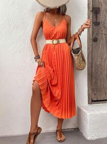 Breezaya Solid Pleated Hem Cami Dress Without Belt Maxi Women Outfit - Orange - View 3