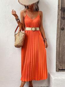 Breezaya Solid Pleated Hem Cami Dress Without Belt Maxi Women Outfit - Orange - View 4