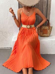 Breezaya Solid Pleated Hem Cami Dress Without Belt Maxi Women Outfit - Orange - View 6