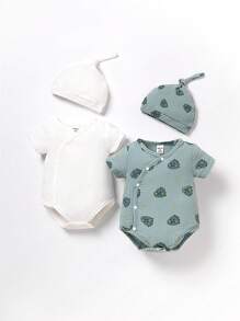 SHEIN Bé trai sơ sinh 2 Miếng Đồ họa Hoạt hình Áo liền quần chặt & 2 Miếng Mũ - Nhiều màu - Xem 1