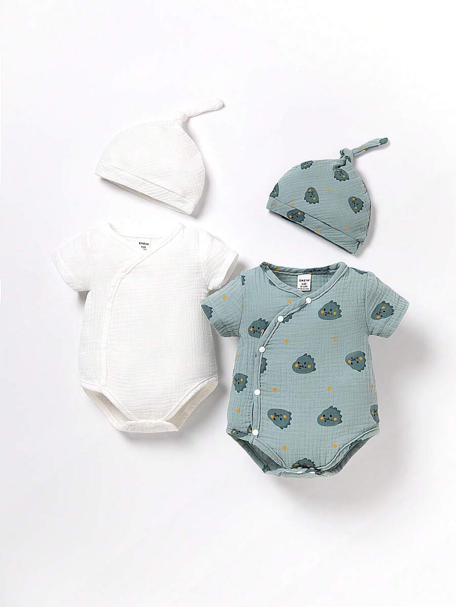 SHEIN Bé trai sơ sinh 2 Miếng Đồ họa Hoạt hình Áo liền quần chặt & 2 Miếng Mũ - Nhiều màu - Xem 1