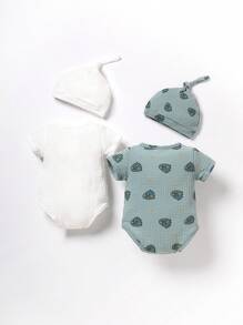 SHEIN Bé trai sơ sinh 2 Miếng Đồ họa Hoạt hình Áo liền quần chặt & 2 Miếng Mũ - Nhiều màu - Xem 2