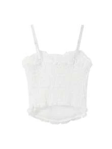 Women's White Ruffle Pleated Cropped Camisole, Spaghetti Strap, Summer Fabric Knot Detail Cami, Random Patchwork, With Padded Cups Casual - White - View 2