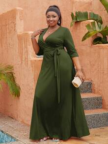 Astrid Vestido con cinturón de cuello cruzado - Verde militar - Ver 4