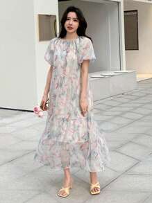 DAZY 满版印花荷叶边下摆罩衫连衣裙太阳裙