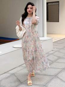 DAZY 满版印花荷叶边下摆罩衫连衣裙太阳裙