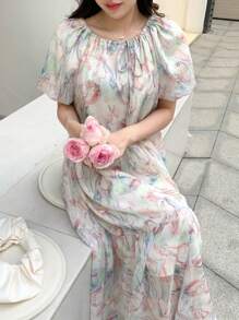 DAZY 满版印花荷叶边下摆罩衫连衣裙太阳裙