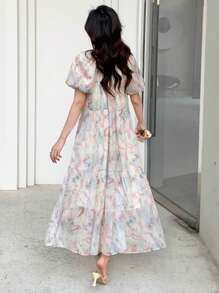 DAZY 满版印花荷叶边下摆罩衫连衣裙太阳裙