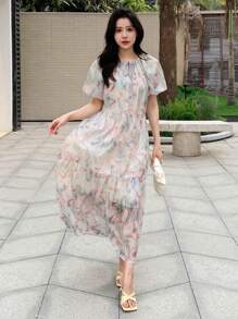 DAZY 满版印花荷叶边下摆罩衫连衣裙太阳裙