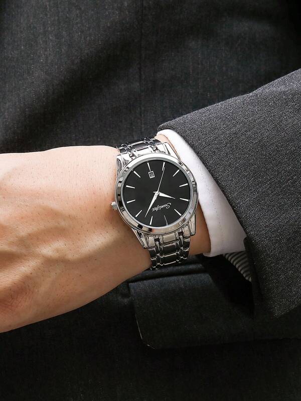 GORBEN 1pc Men Women Silver Alloy Strap Business Date Round Dial Quartz Watch, For Daily Life