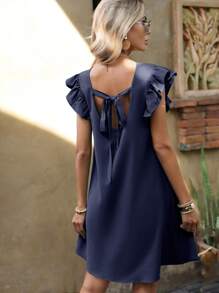 SHEIN Clasi Đầm Lộ Lưng Xù Buộc lại màu trơn Giải trí - Màu xanh hải quân - Xem 1