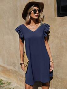 SHEIN Clasi Đầm Lộ Lưng Xù Buộc lại màu trơn Giải trí - Màu xanh hải quân - Xem 2