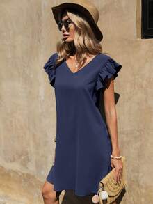 SHEIN Clasi Đầm Lộ Lưng Xù Buộc lại màu trơn Giải trí - Màu xanh hải quân - Xem 4