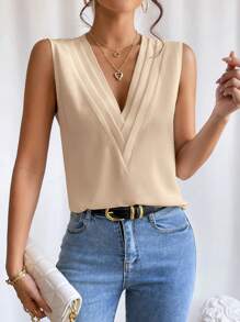 SHEIN LUNE Solid V Neck Sleeveless Blouse - Apricot - View 1