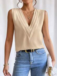 SHEIN LUNE Solid V Neck Sleeveless Blouse - Apricot - View 4
