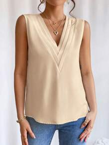 SHEIN LUNE Solid V Neck Sleeveless Blouse - Apricot - View 6