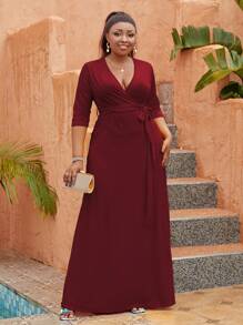Astrid Plus Surplice Neck Belted Dress - Burgundy - View 1