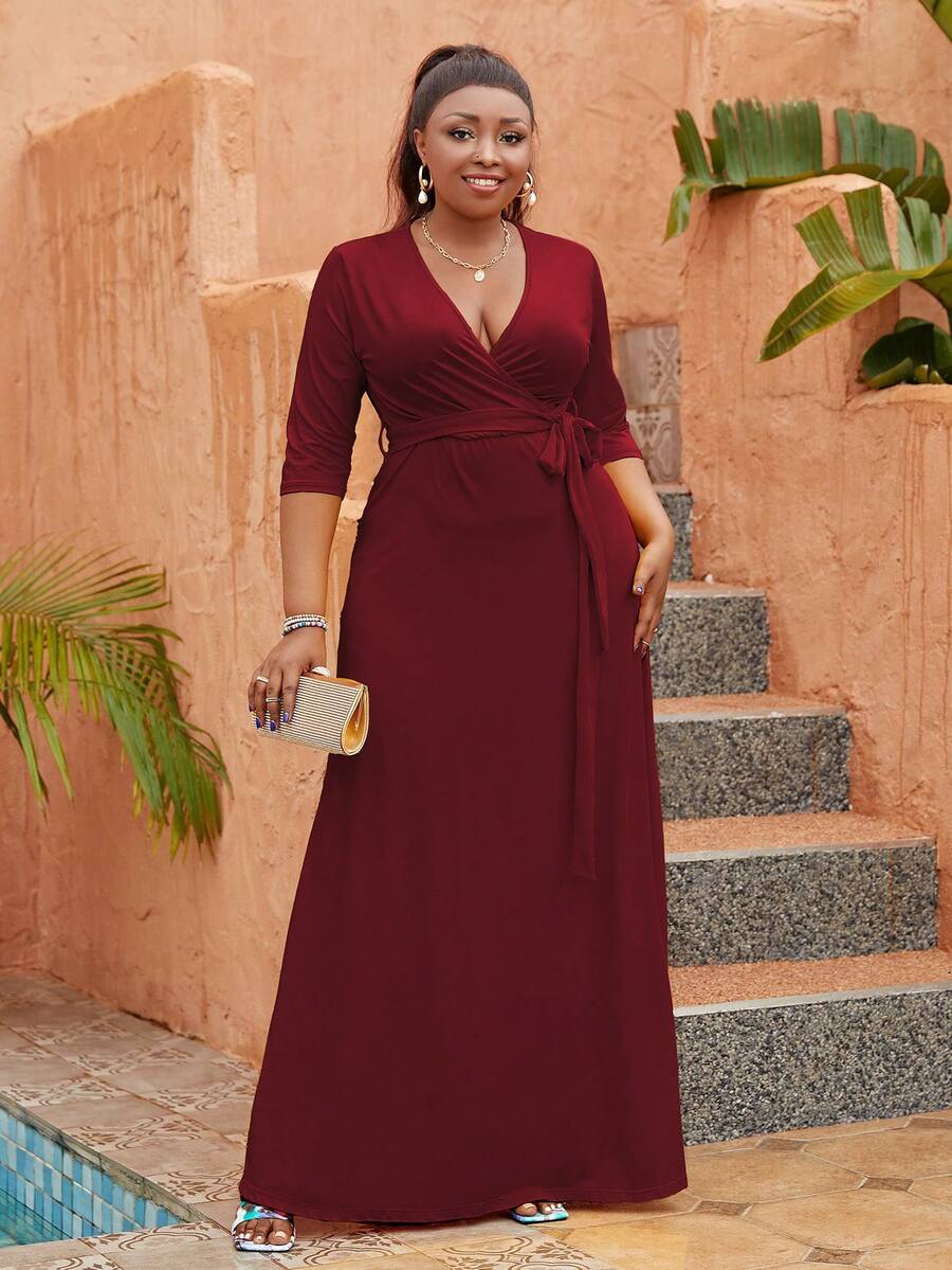 Astrid Plus Surplice Neck Belted Dress - Burgundy - View 1