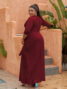 Astrid Plus Surplice Neck Belted Dress - Burgundy - View 2