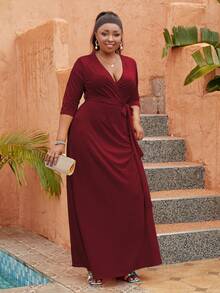 Astrid Plus Surplice Neck Belted Dress - Burgundy - View 3