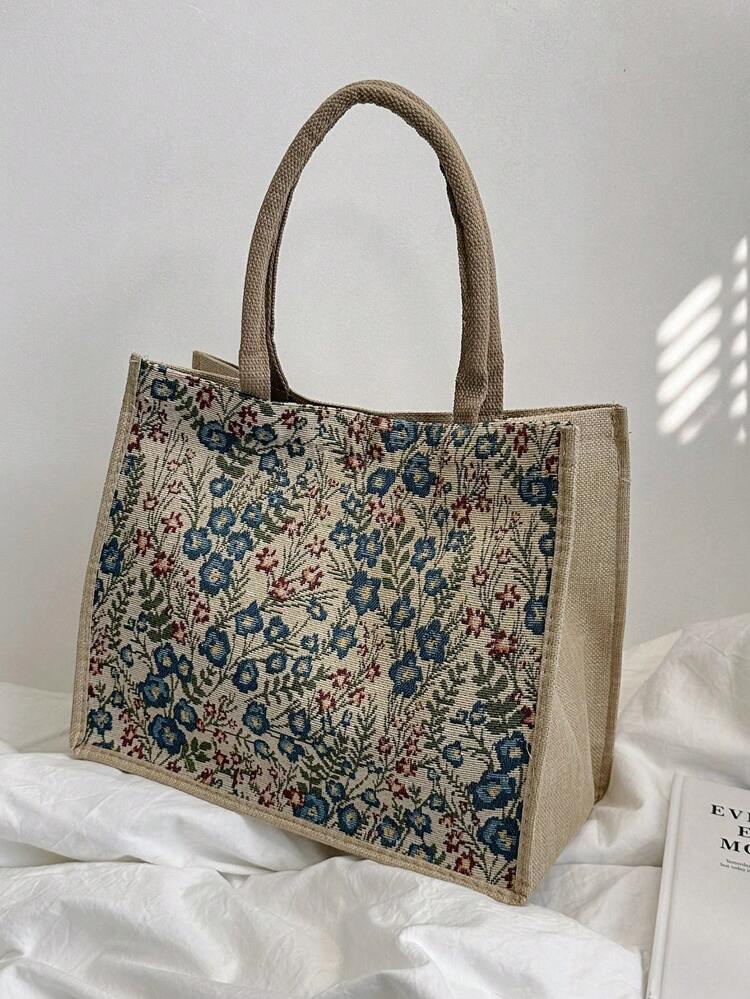 Medium Square Bag Flower Pattern Double HandleLightweight,Portable,Large Capacity, Suitable For Teen Girls Women College Students, Perfect For Back To School,College,Middle School, High School, Exquisite Floral Bag For Women