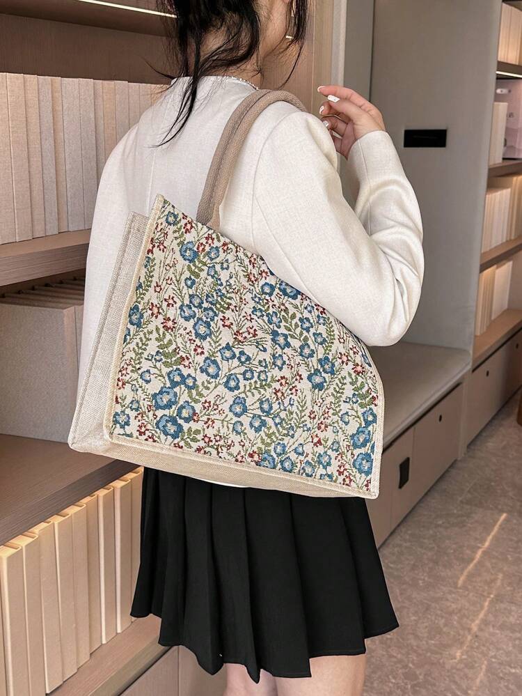 Medium Square Bag Flower Pattern Double HandleLightweight,Portable,Large Capacity, Suitable For Teen Girls Women College Students, Perfect For Back To School,College,Middle School, High School, Exquisite Floral Bag For Women