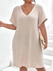 SHEIN Frenchy 大碼蝙蝠袖T恤洋裝 - 杏色 - 查看 4