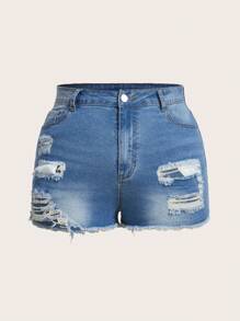 SHEIN EZwear Plus Ripped Raw Hem Denim Shorts - Blue - View 1