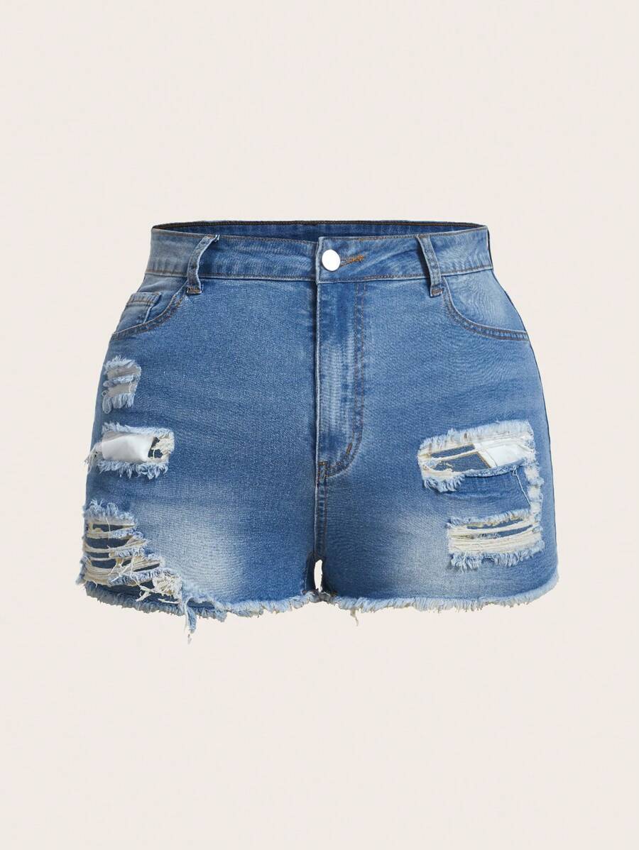 SHEIN EZwear Plus Ripped Raw Hem Denim Shorts - Blue - View 1