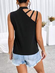 SHEIN Privé Cut Out Mock Neck Tank Top - Black - View 3
