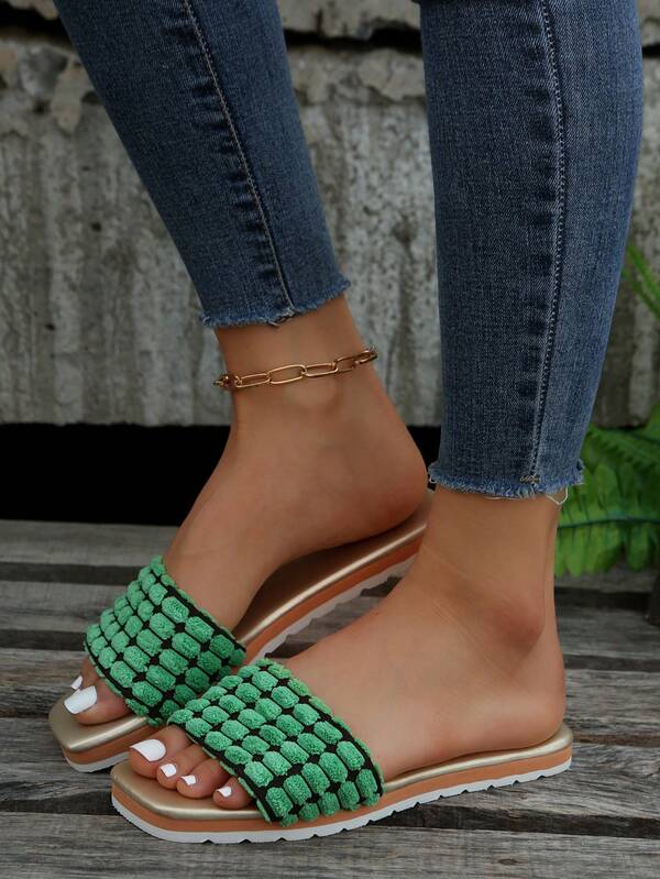 Fashionable Slide Sandals For Women, Colorblock Single Band Flat Sandals