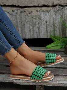 Fashionable Slide Sandals For Women, Colorblock Single Band Flat Sandals