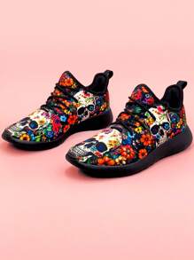Sporty Running Shoes For Women, Floral & Skeleton Pattern Lace-up Front Sneakers - Multicolor - View 3